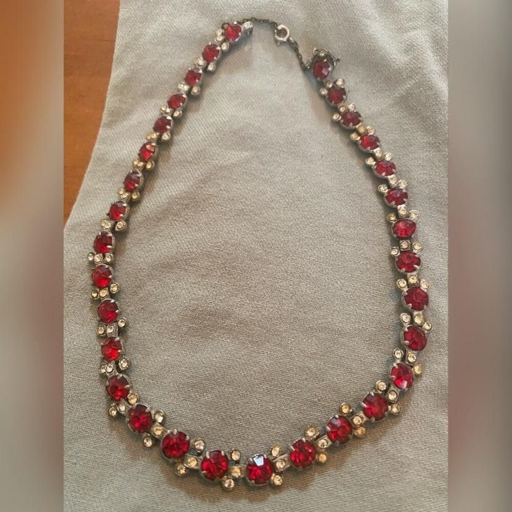 Red Rhinestone Tennis Choker Necklace Womens Silver Tone Glass 15" Spring Ring